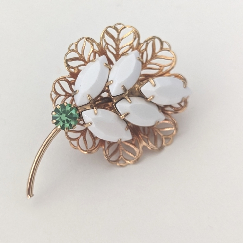 Vintage Gold Tone Milk Glass Brooch